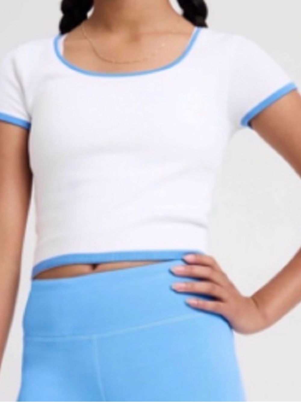 Athleta Girl White Top with Baby Blue Trim